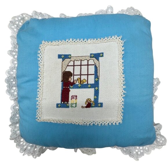 Handmade Blue Throw Pillow Cross Stitch Child bird Design White Lace Trim READ - Picture 1 of 8